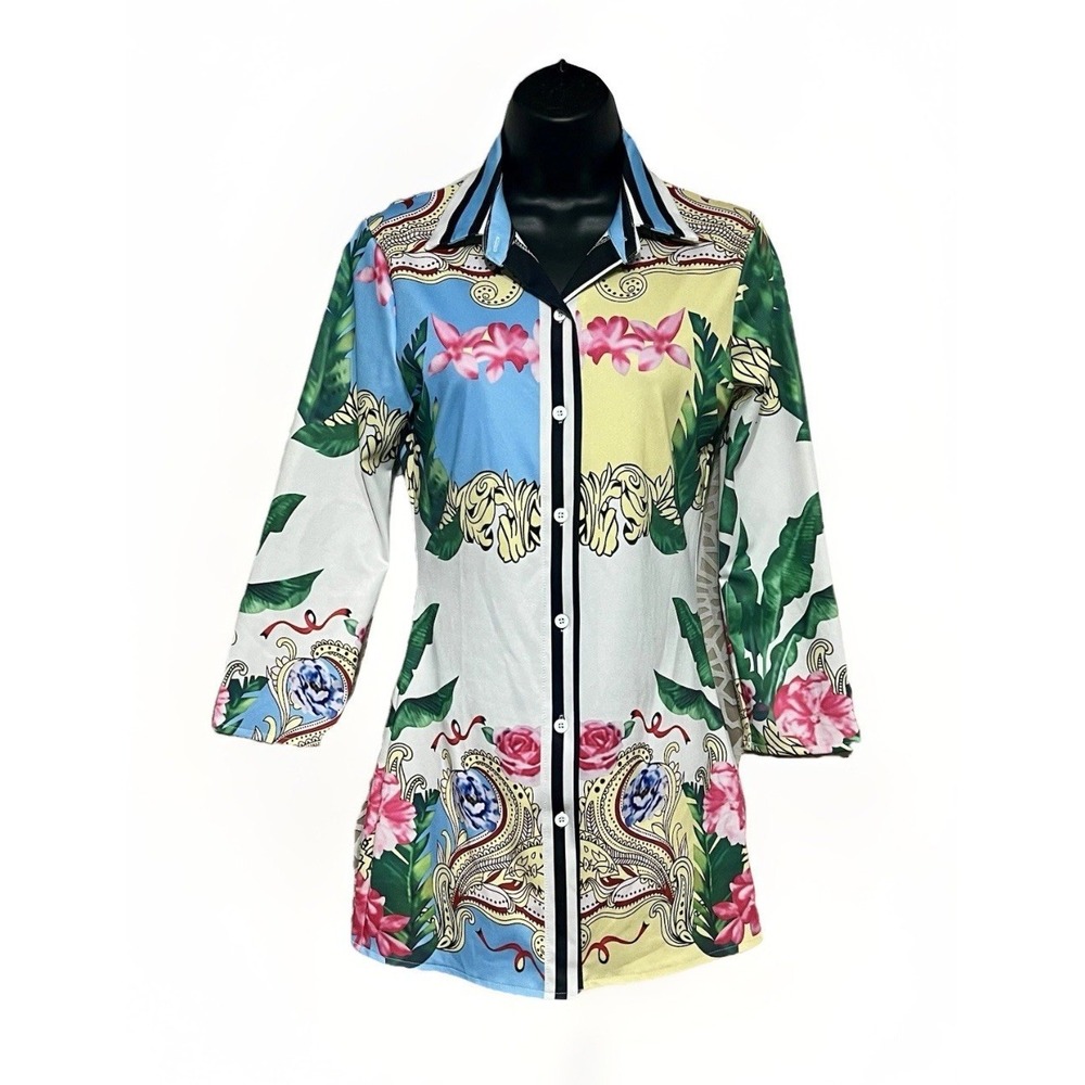 Floral Baroque Tunic Top Tropical Button Down Mini Dress Boho